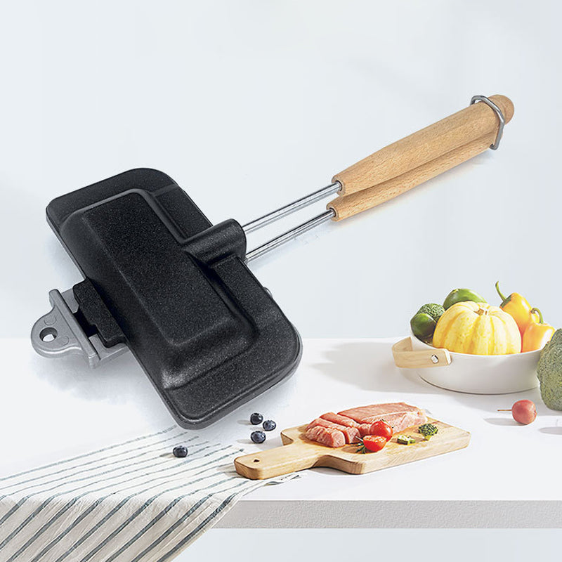 Dubbelzijdige Sandwich Bakpan – Patelnia Dwustronna, Aluminium I Drewno, Czarny