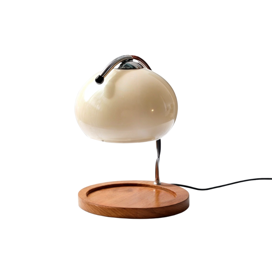 Vintage Szklana Lampa Stołowa – Szkło, Żelazo, Drewno, Kremowy, Czerwony, Żółty