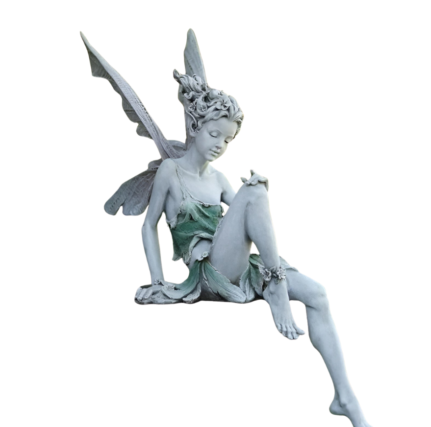 Figurka Ogrodowa Siedząca Wróżka – Ozdoba Ogrodowa, Żywica I PVC, Biały I Brązowy