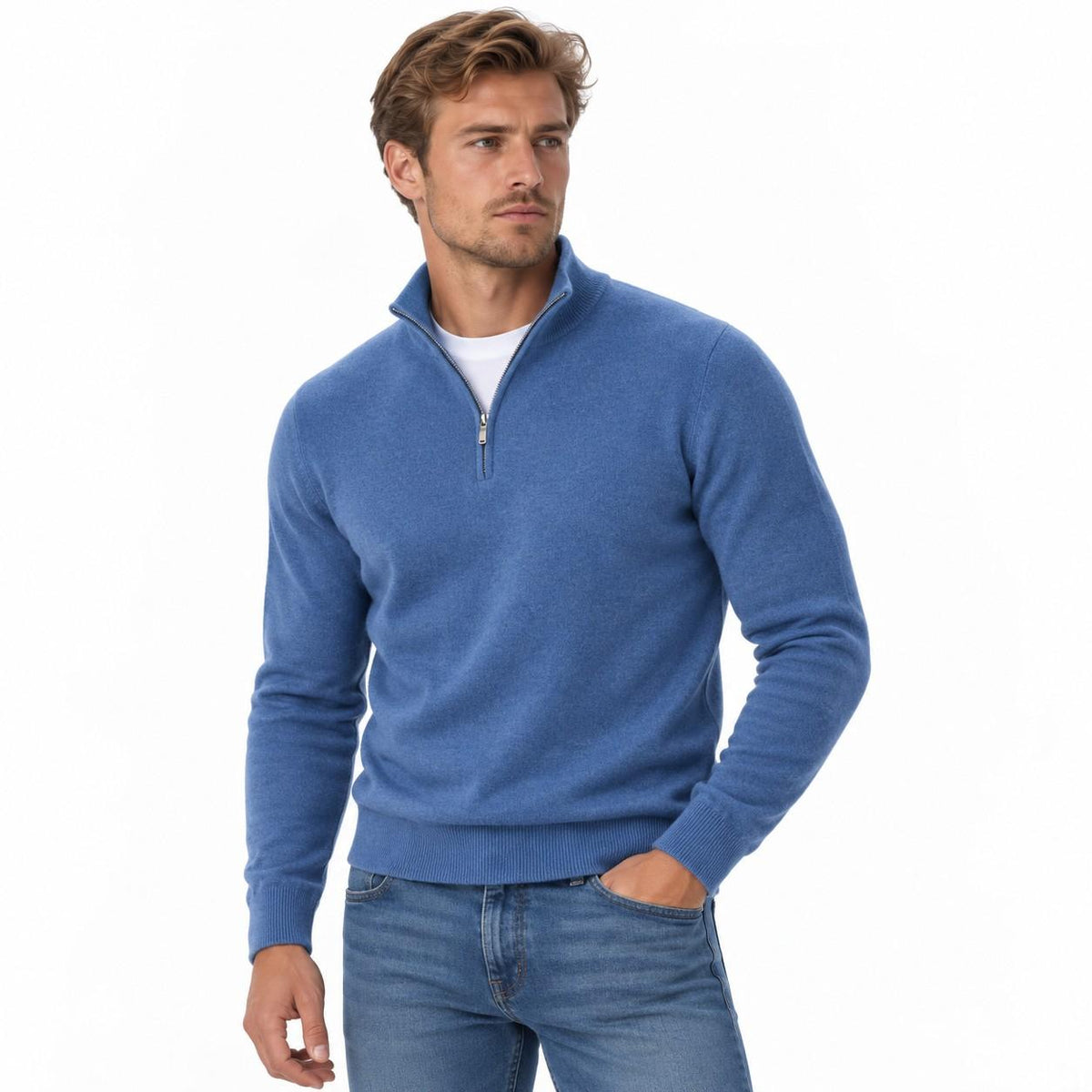 Męski Sweter z Dzianiny Bawełnianej - Dekolt w Serek z Zamkiem i Długim Rękawem