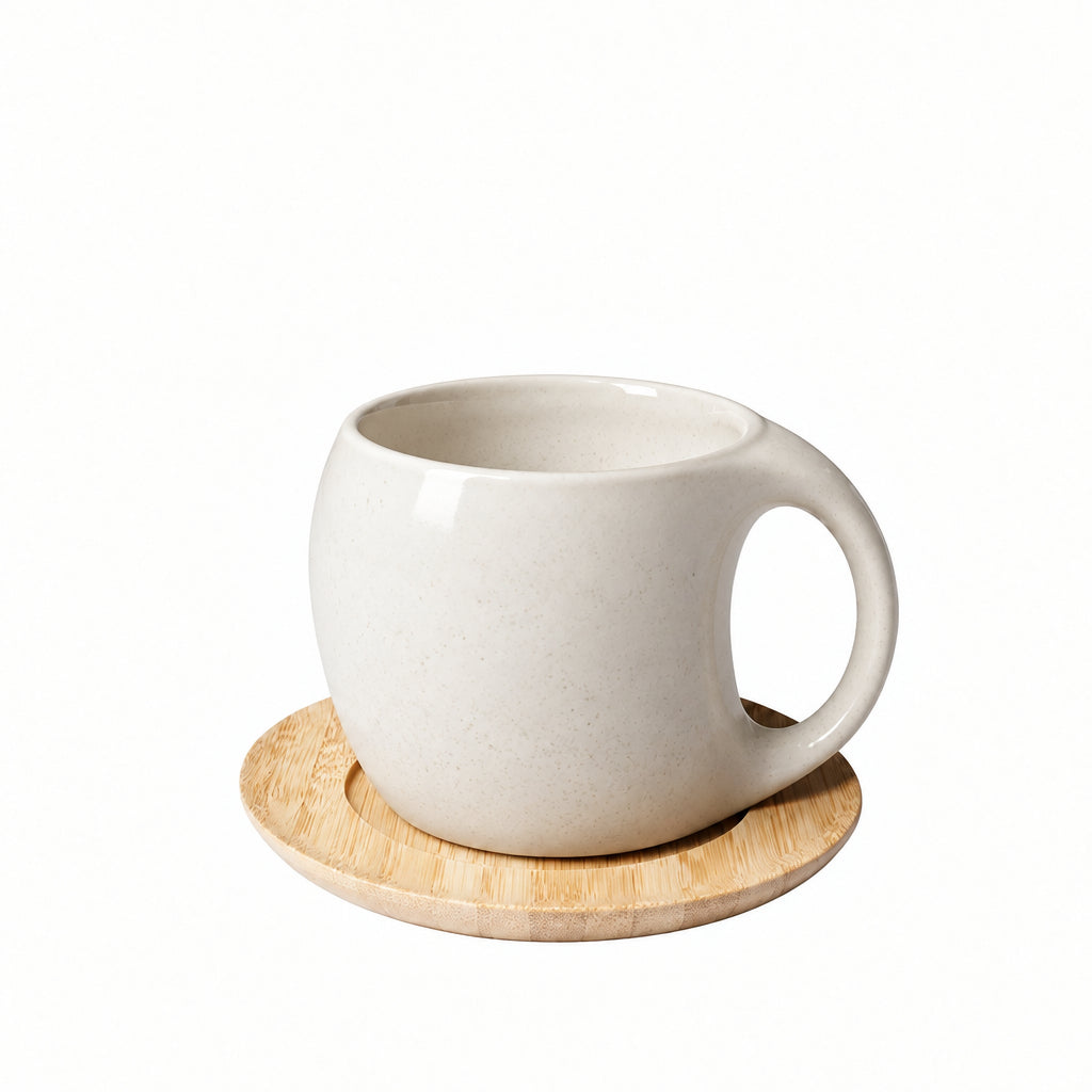 Kubek Ceramiczny z Drewnianą Podkładką - Zestaw do Kawy i Herbaty
