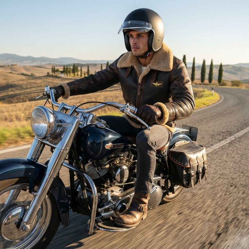 Męska Kurtka Motocyklowa z PU - Kołnierz ze Sztucznego Futra i Podszewka Poliestrowa