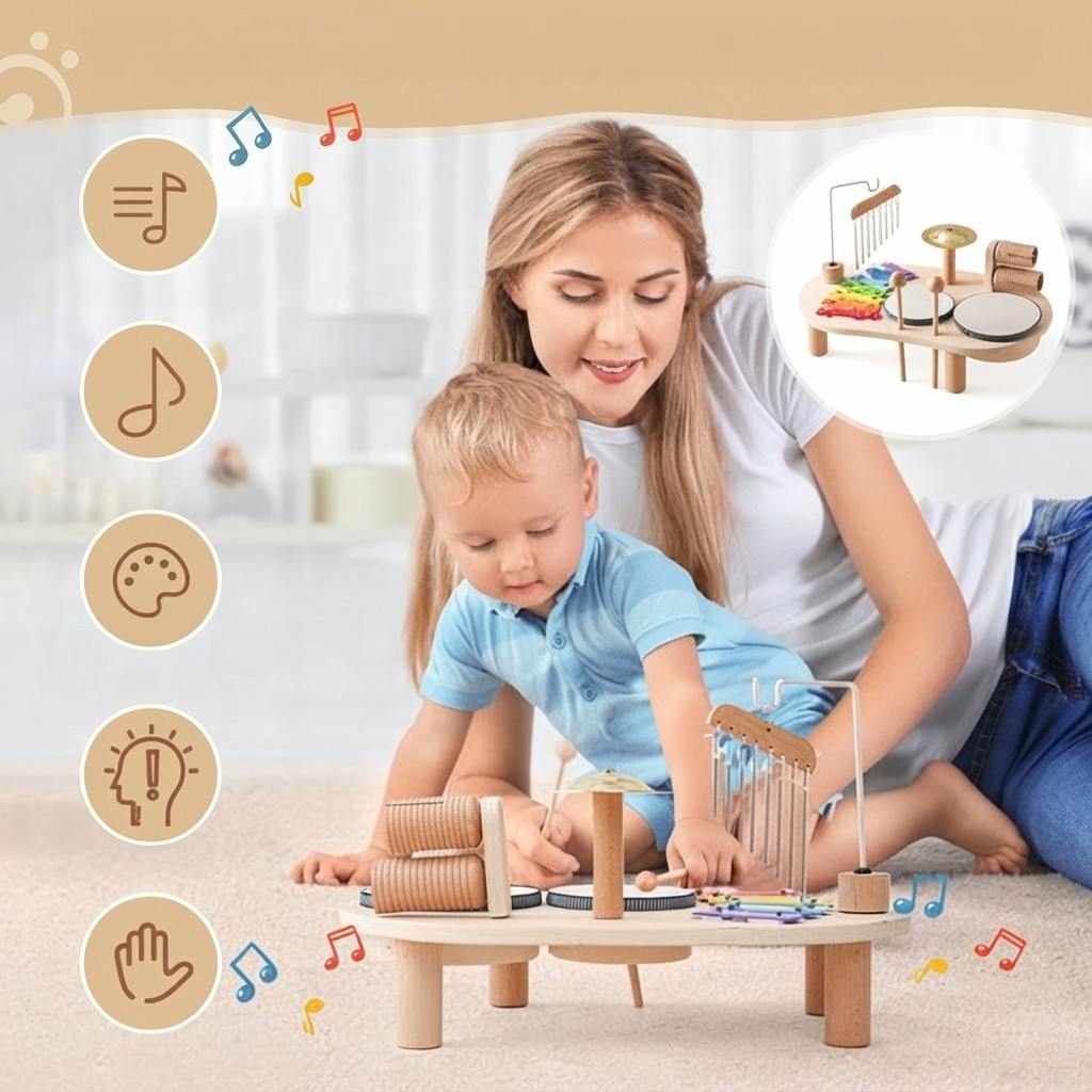 Drewniana Zabawka Muzyczna - Bukowy Bębenek, Ksylofon i Dzwonki w Jednym Zestawie